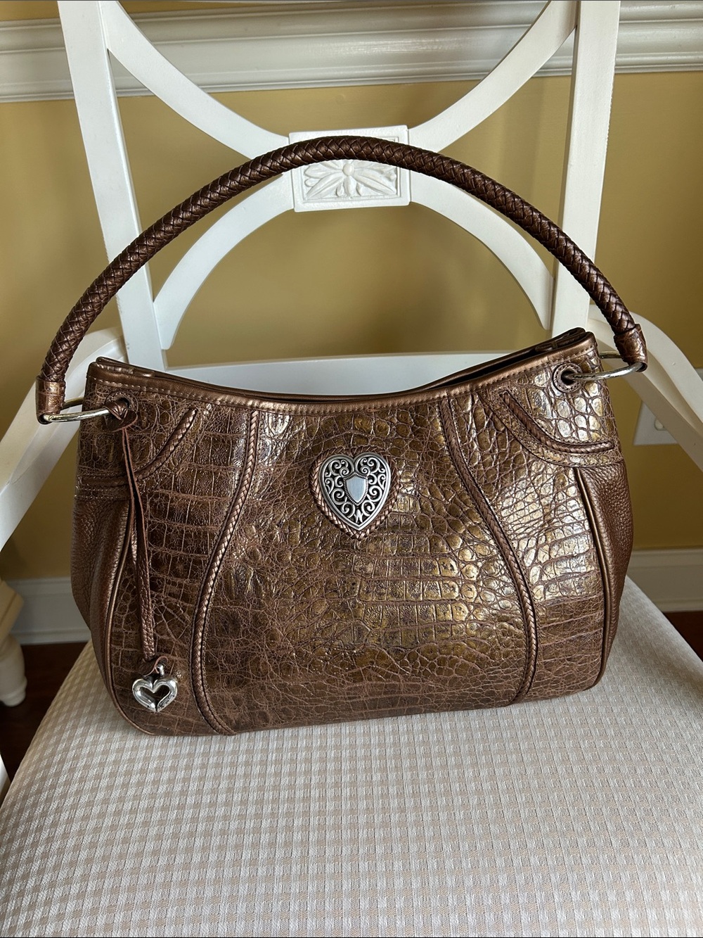 Brighton Metallic Croc-Embossed Shoulder Bag with Heart Emblem